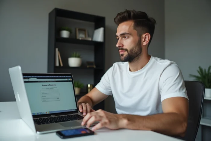 Jeune homme utilisant ordinateur portable et smartphone pour récupérer son compte Waze étape par étape