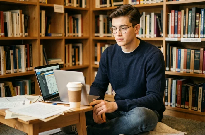 Jeune homme travaillant sur un logiciel libre dans une bibliothèque, symbolisant l'accessibilité et la sécurité de l'informatique open source