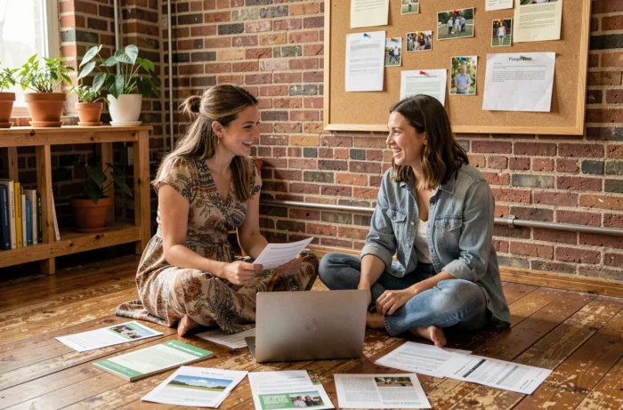 Deux jeunes femmes collaborant sur des initiatives féministes dans un espace communautaire associatif