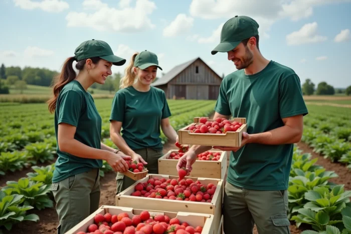 Groupe de jeunes travailleurs saisonniers récoltant des fraises dans un champ agricole pendant l'été