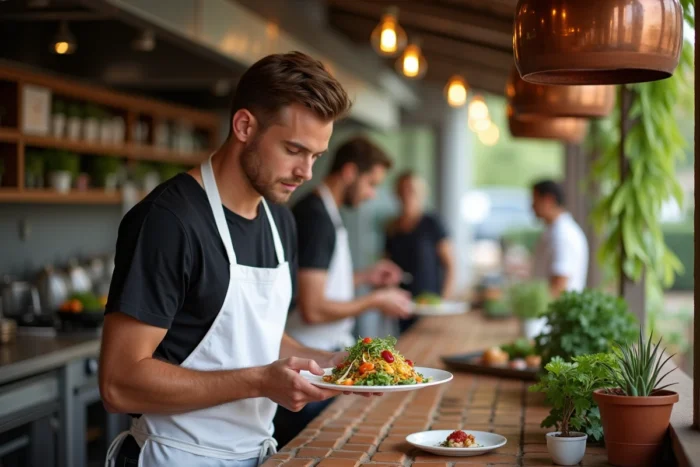 Jeune homme travaillant comme commis de cuisine saisonnier dans un restaurant de plage animé en été