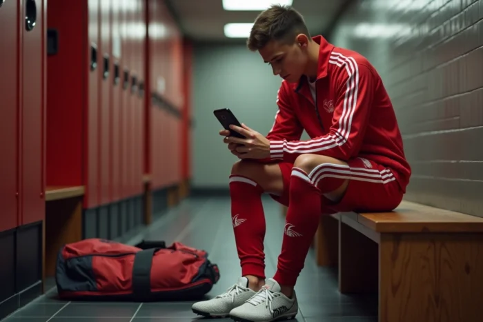 Jeune footballeur se connectant à son espace Footclub FFF sur smartphone dans un vestiaire