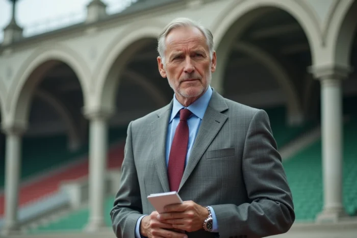 Journaliste sportif chevronné posant devant l'entrée d'un grand stade de football, notepad à la main