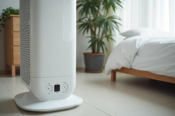 Gros plan sur le panneau de commande et les grilles du ventilateur Klarstein Maxfresh dans une chambre moderne
