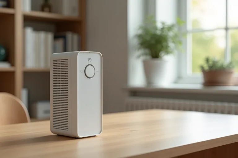 Ventilateur colonne Klarstein Maxfresh blanc posé sur un bureau en bois dans un bureau à domicile moderne
