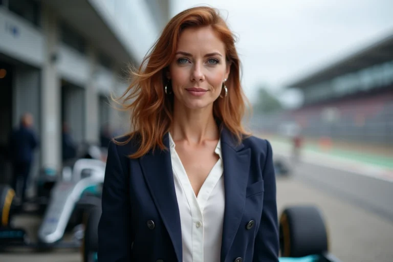 Portrait d'une femme élégante dans un paddock de course automobile, compagne d'un pilote de rallye célèbre