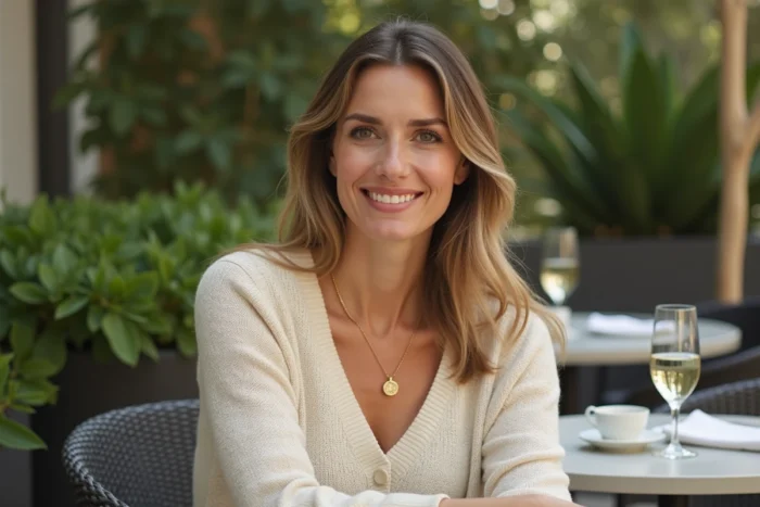 Portrait intimiste d'une femme souriante en terrasse de jardin, bijoux dorés et pull en maille crème, ambiance naturelle et élégante