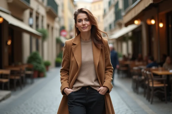 Femme élégante se promenant dans une rue pavée européenne, style décontracté chic, atmosphère urbaine authentique