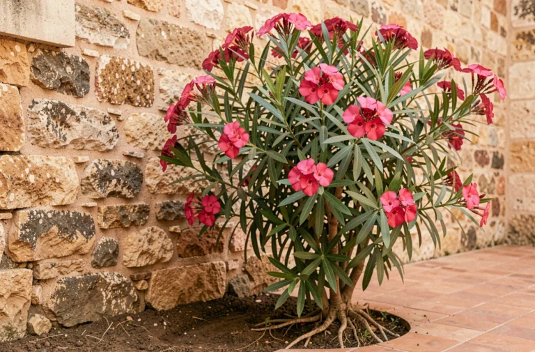 Laurier rose en fleurs planté près d'un mur en pierre dans un jardin méditerranéen, illustrant la distance de sécurité pour les fondations
