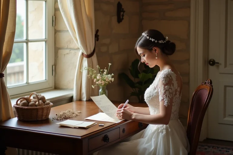 Mariée en robe de dentelle lisant une lettre manuscrite dans un salon vintage décoré de fleurs séchées