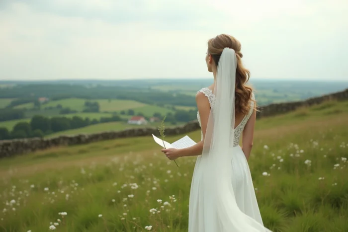 Mariée debout dans un pré fleuri tenant une lettre d'amour tournée vers l'avenir et regardant vers l'horizon