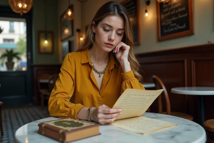 Femme lisant une lettre d'amour intégrant des citations littéraires dans un café parisien au décor vintage