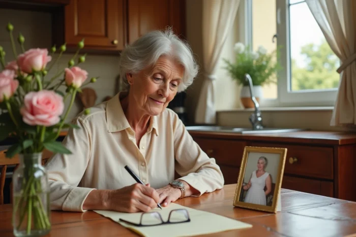 Mère de la mariée écrivant une lettre touchante à sa fille, entourée d'une photo de mariage et de roses de jardin