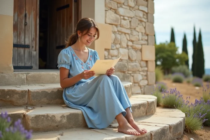 Femme lisant une lettre sensorielle sur les marches d'une chapelle en pierre entourée de lavande sauvage