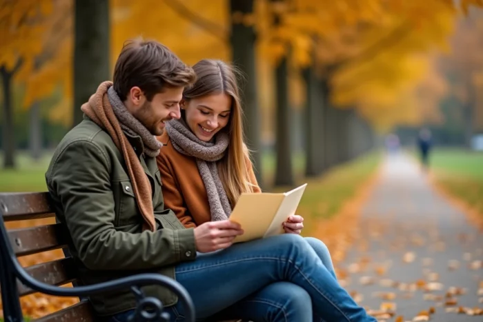 Couple assis sur un banc en automne regardant ensemble une lettre manuscrite évoquant un souvenir fondateur