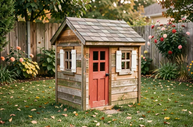 Maisonnette en bois pour enfants installée dans un jardin verdoyant avec porte rouge et volets blancs