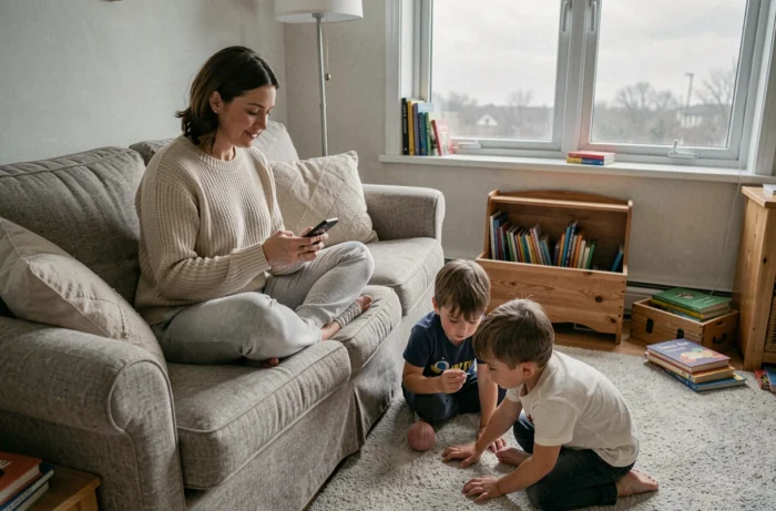 Maman détendue sur un canapé consultant son téléphone pendant que ses enfants jouent autour d'elle