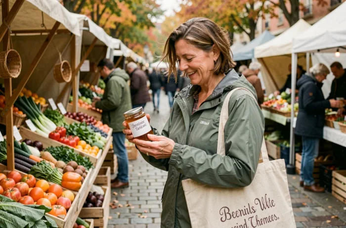 Maman au marché fermier choisissant des produits frais avec un sac réutilisable