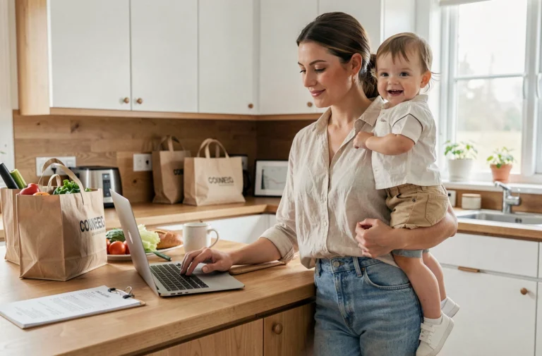 Maman multitâche dans une cuisine moderne avec son bébé sur la hanche et un ordinateur portable ouvert