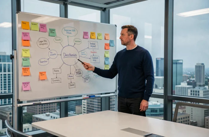 Manager masculin présentant une carte mentale de gestion de projet sur tableau blanc dans une salle de réunion d'entreprise