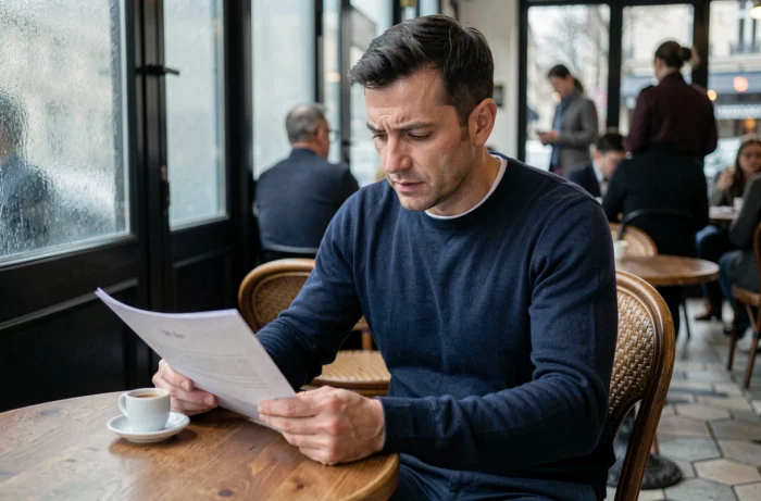 Homme discret et concentré attablé dans un café parisien, symbolisant le profil réservé du mari d'Amandine Atalaya