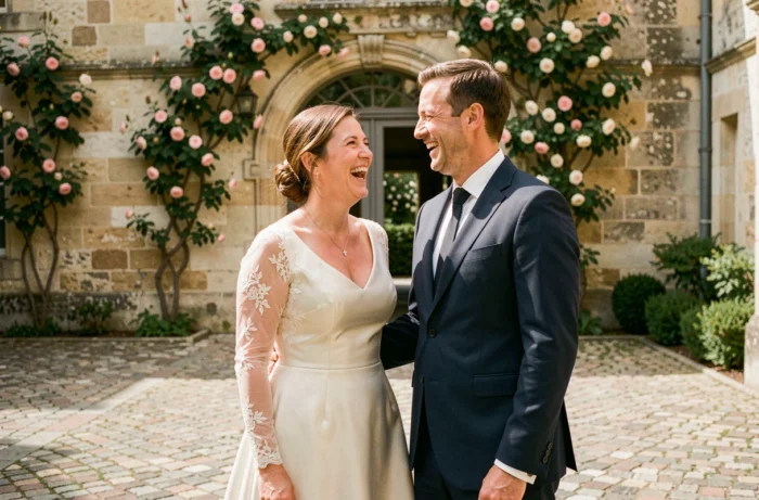 Couple de mariés élégants riant dans la cour d'un château français lors de leur cérémonie de mariage