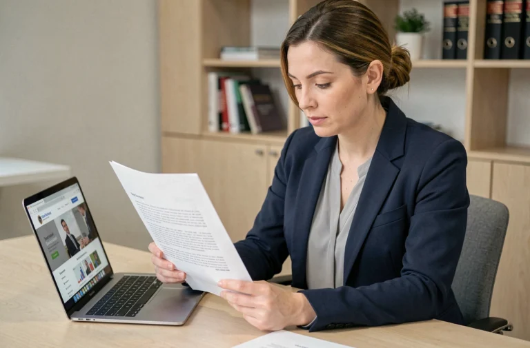 Femme professionnelle examinant les mentions légales d'un site web sur un document imprimé dans un bureau moderne