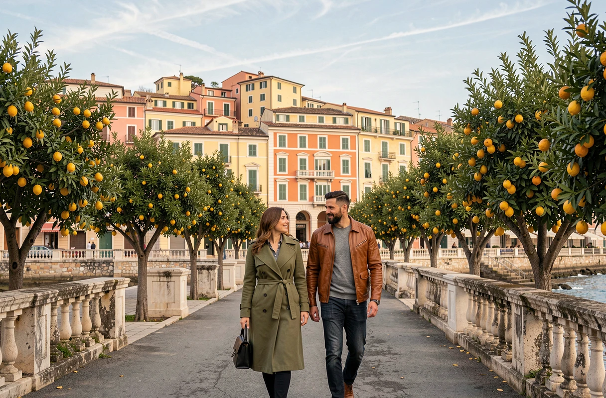 Couple se promenant sur le front de mer de Menton en hiver parmi les citronniers et façades colorées