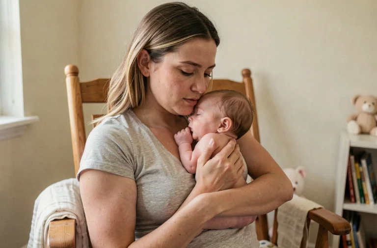Mère allaitant son bébé pendant un pic de croissance, bébé accroché contre sa poitrine dans une chambre de bébé cosy