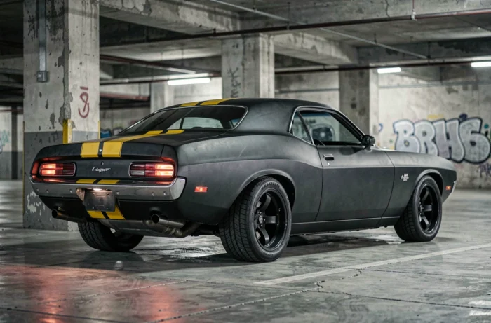 Muscle car noir mat aux bandes jaunes dans un parking urbain, réplique fidèle des voitures cultes des séries et films d'action américains
