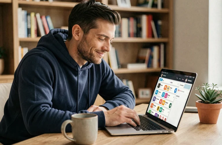 Homme naviguant sur un site de sports en ligne depuis son bureau à domicile