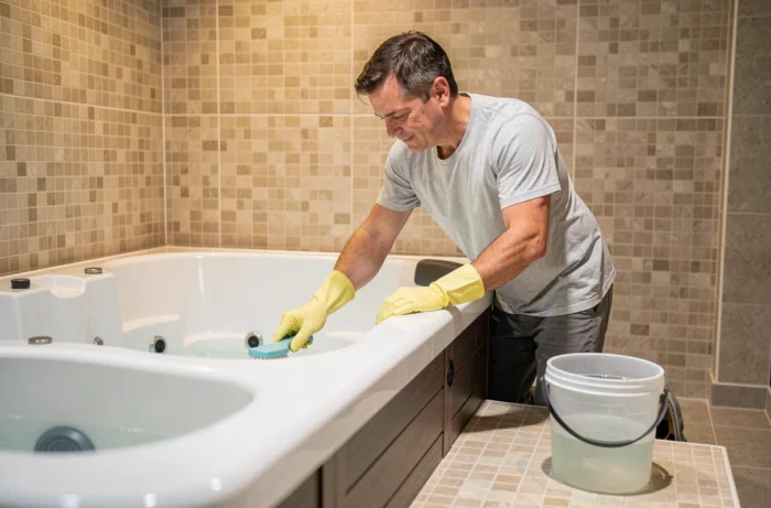 Homme nettoyant les parois intérieures d'un spa vide avec une solution de vinaigre blanc et une brosse douce