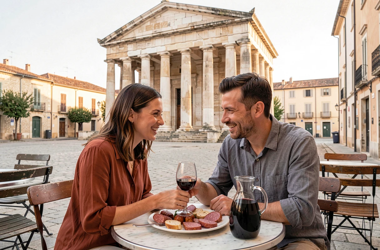 Couple déjeunant en terrasse de bistrot à Nîmes avec la Maison Carrée romaine en arrière-plan