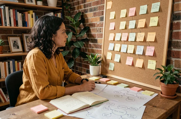 Femme organisant un plan de site de blog créatif avec des fiches colorées sur un tableau en liège dans un bureau chaleureux