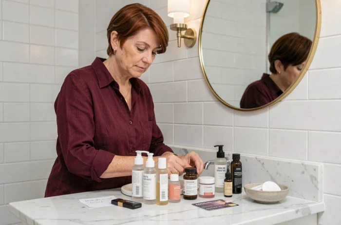 Femme organisant ses produits de box beauté sur une coiffeuse en marbre, routine soin fidélité
