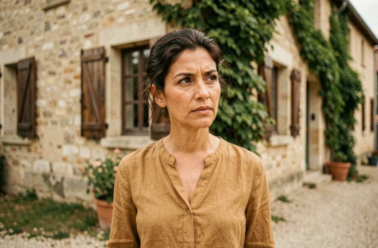 Femme aux origines mixtes devant une maison de famille en pierre en campagne française, évoquant la découverte de ses racines familiales