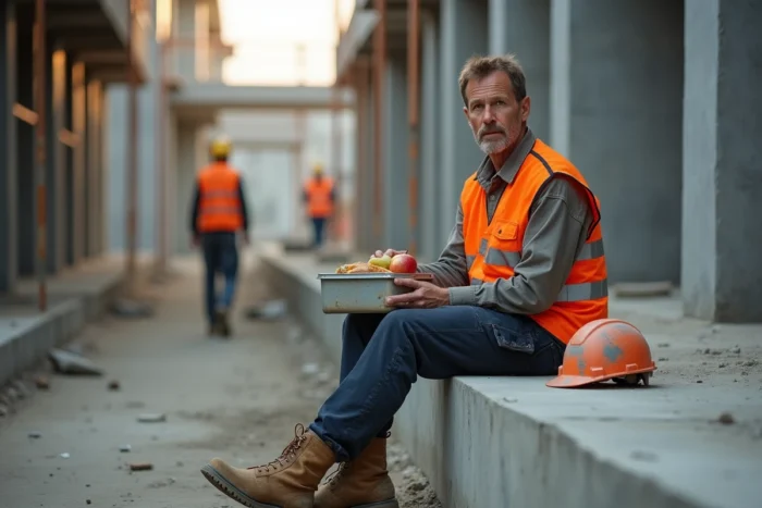 Ouvrier du bâtiment prenant sa pause repas sur un chantier avec son panier repas réglementaire