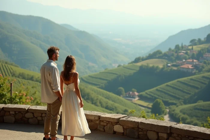 Couple admirant le panorama des vignobles en terrasses de la région de Pietra d'Alba depuis un belvédère en Piémont, Italie