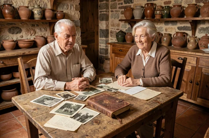 Couple de parents âgés examinant de vieilles photographies familiales et des lettres sur une table en bois rustique, représentant la transmission des origines