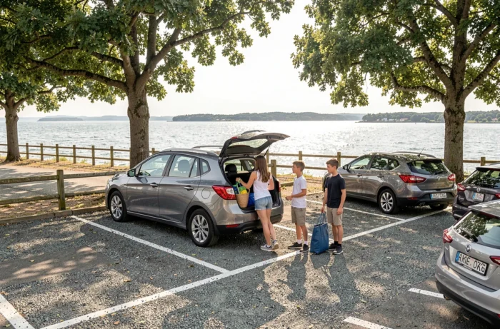 Famille garée dans un parking organisé près de la plage de Conleau à Vannes