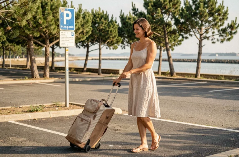 Femme trouvant facilement un parking proche de la plage de Conleau à Vannes en été