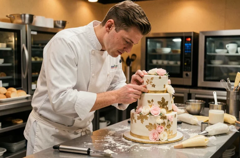 Pâtissier concentré décorant un gâteau de compétition élaboré dans une cuisine de plateau télévisé, illustrant le meilleur pâtissier saison 13