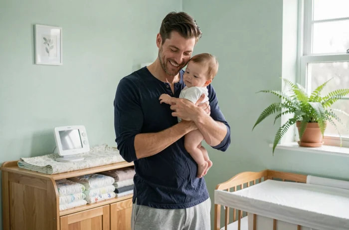 Père tenant son bébé contre l'épaule dans la chambre de bébé, signe de fréquence accrue des tétées lors d'un pic de croissance
