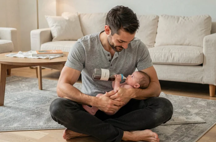 Père donnant le biberon à son bébé de deux mois assis sur le sol d'un salon moderne et chaleureux