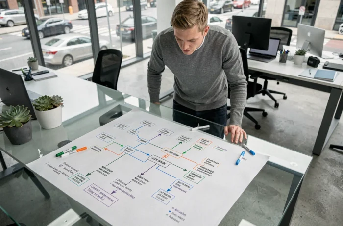 Homme travaillant sur un plan de site imprimé pour un blog créatif dans un espace de coworking moderne