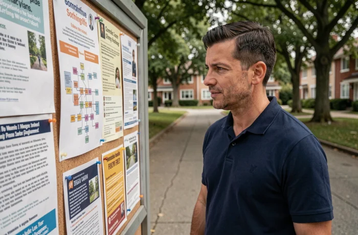 Homme examinant un plan de site communautaire affiché sur un tableau d'affichage de quartier en extérieur