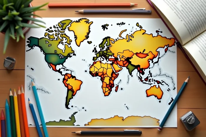 Vue de dessus d'un planisphère PDF imprimé sur un bureau avec des crayons de couleur