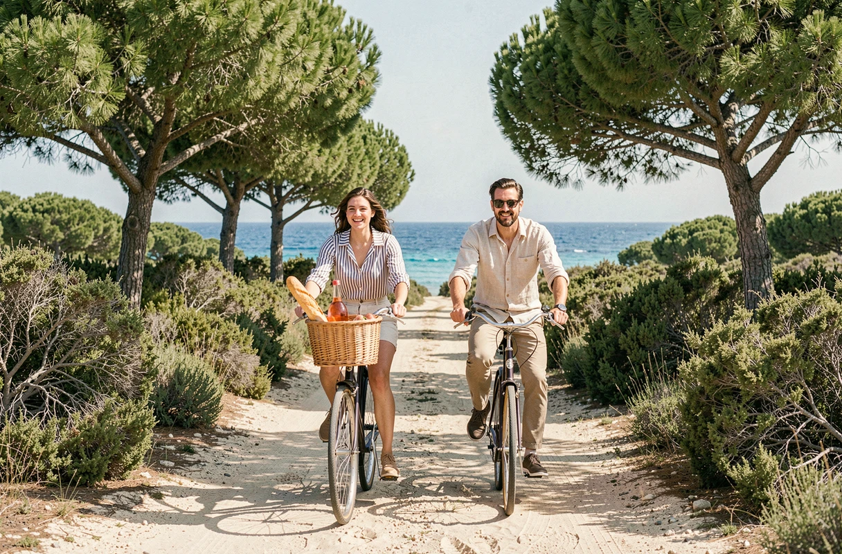 Couple faisant du vélo sur un chemin ombragé de Porquerolles avec la mer turquoise entre les pins
