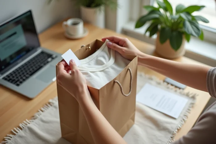 Préparation d'un retour en ligne sur le site des Galeries Lafayette depuis un bureau à domicile