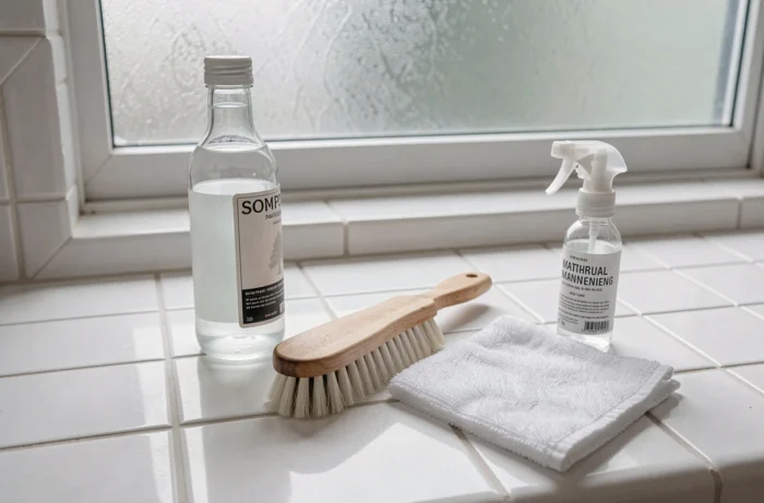 Produits naturels d'entretien pour spa alignés sur un carrelage blanc : vinaigre blanc, brosse et chiffon microfibre